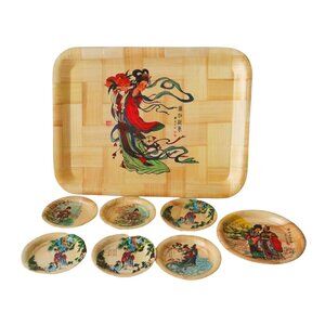 8 Piece Bamboo Serving Tray & Coaster Set Asian Design Tray & Plates Vintage